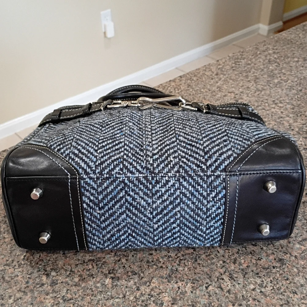 Coach Hampton Blue Black Wool Tweed Leather Trim Satchel - Picture 13 of 15